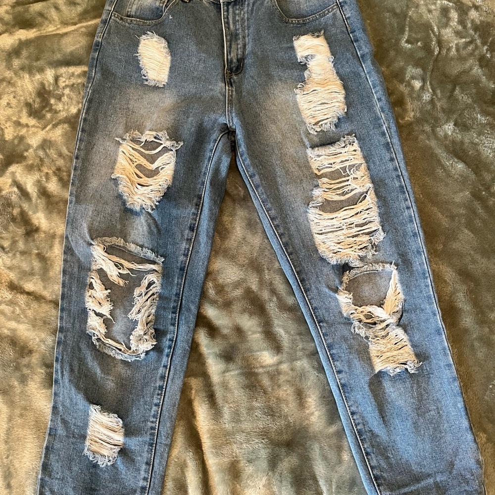 Medium Wash Distressed Blue Jeans - Straight Leg
